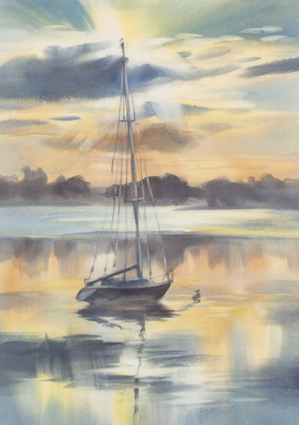 istock Evening mist by the lake with clouds and a ship watercolor background 1349449150