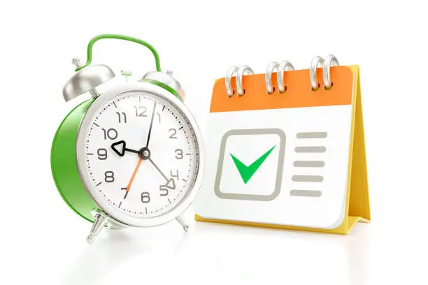 An alarm clock in front of a desk calendar, which is with printed checkmark on its front page and both of them are standing on reflective white background. 3D rendering graphics on the theme of Time Management.