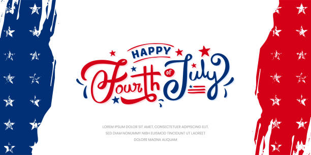 istock Happy fourth of July custom hand-lettering, typography design for 4th July celebration on red and blue grunge, vintage brush stroke, USA background with stars. Vector design 1349459635