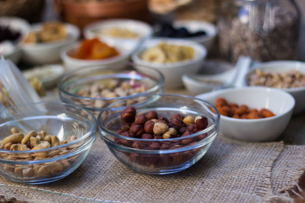 Dried fruits and nuts in the bowl. Assortment of candied fruits