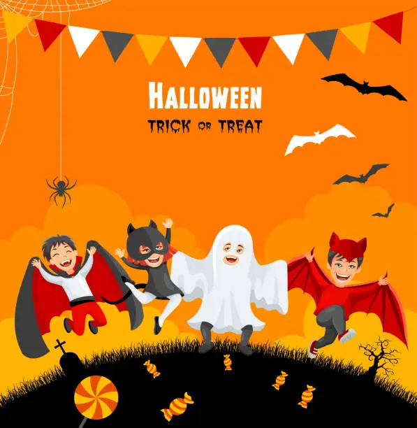 Vector illustration of Halloween Party. Trick Or Treaters.