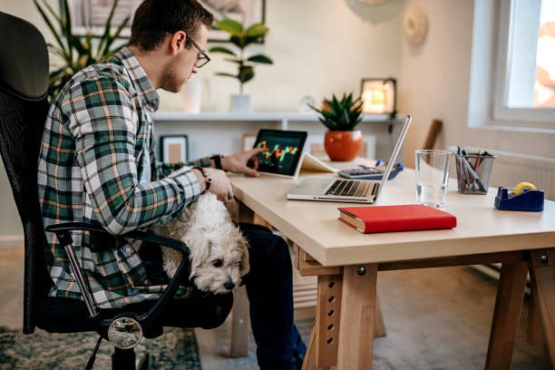 Young man and  working online from home