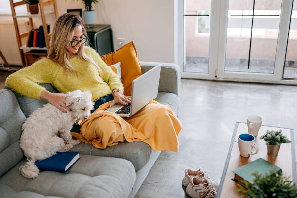 istock Young woman using laptop at home 1349463005