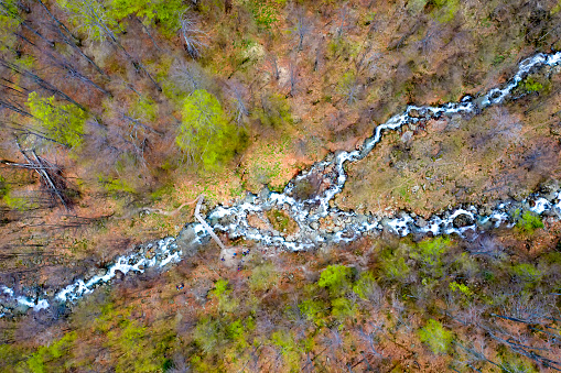 Top view from drone of two rapids of a mountain river. Nature background