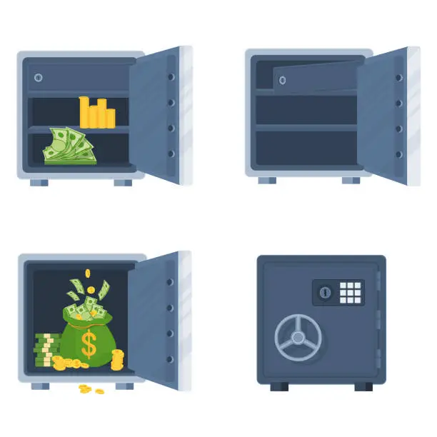 Vector illustration of Set of bank safes. Closed metal deposit safe and empty safe