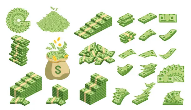 Vector illustration of Huge packs of paper money. Bundle with cash bills
