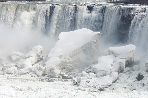 Niagara Falls and abstract ice formations in winter, spring, close-up, USA.