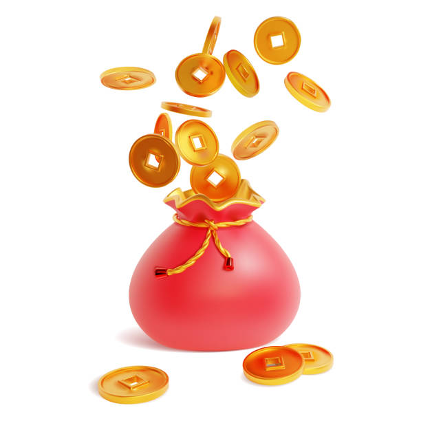 istock Realistic Detailed 3d Red Lucky Bag Full of Gold Coins. Vector 1349464151