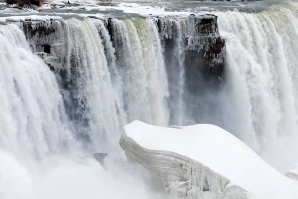 Niagara Falls and abstract ice formations in winter, spring, close-up, USA.