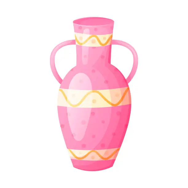Vector illustration of Vector isolated cartoon illustration of pink porcelain decorated vase or jug with handles