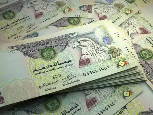 Money of United Arab Emirates. United Arab Emirates dirham bills. AED banknotes. 500 dirhams. Business, finance, news background.