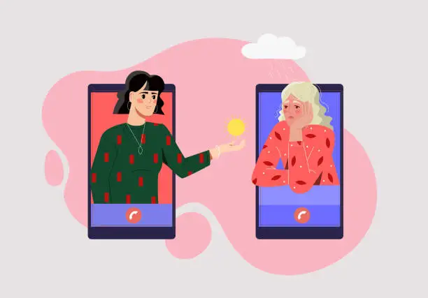 Vector illustration of Girl comforts her sad friend over phone concept