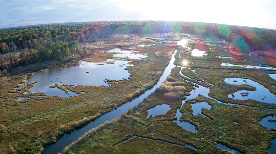 Marshland along Barnegat Bay, New Jersey aerial view.