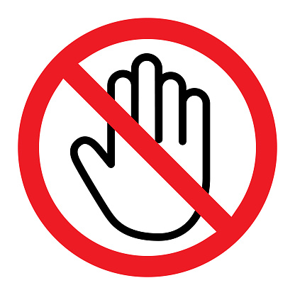 Vector illustration of a black outline hand with a red no symbol on top of it.