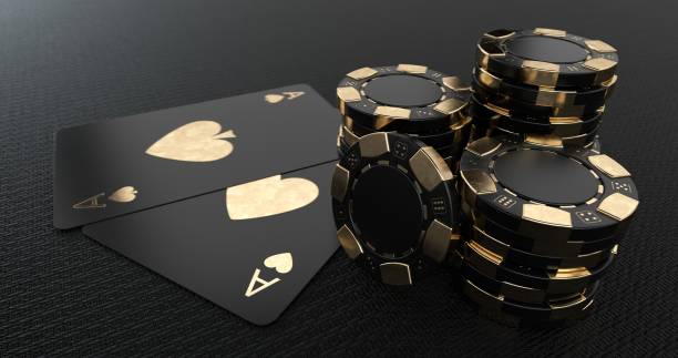 istock Modern Black And Golden Chips And Playing Cards - 3D Illustration 1349470921