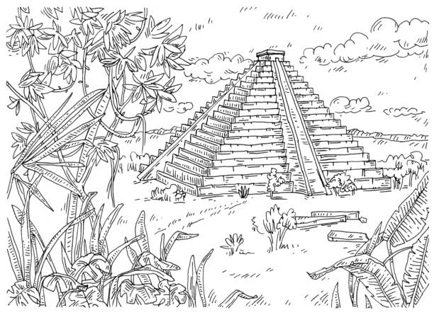 20+ Illustration With Cartoon Aztec Pyramid And Palms Stock