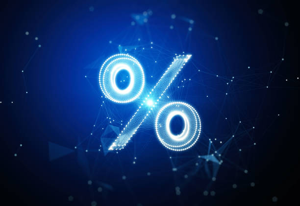 Digital percentage sign over blue technological background. Horizontal composition with copy space. Blockchain, cryptocurrency, global finance and business concept.