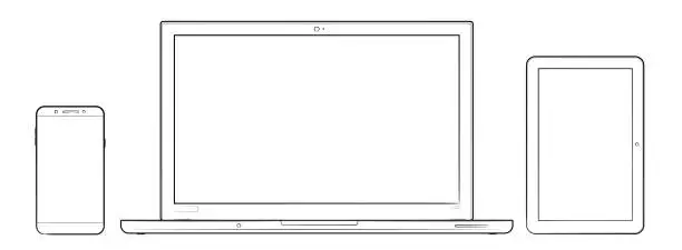 Vector illustration of Laptop, smartphone and tablet vector stock illustration - black and white image.