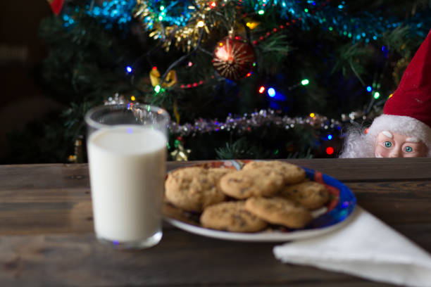 Father Christmas toy watching the cookies and the glass of milk.