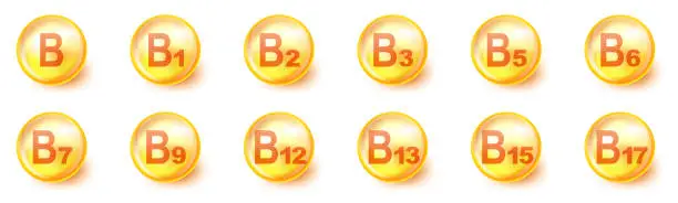 Vector illustration of Vitamins round icons. Set of vitamins B grupy. Vector illustration.