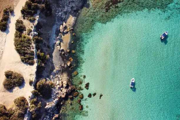 Aerial drone view of the rocky coast and the Mediterranean Sea near the scenic Aphrodite Trail in the Akamas Peninsula National Park, Cyprus. Famous tourist travel destination near Polis city,