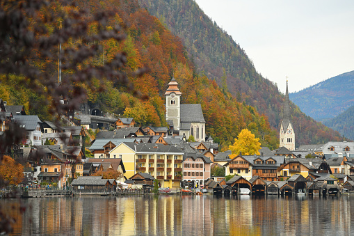 Hallstatt on Lake Hallstatt in Autumn, Austria, Europe