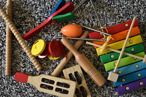 Jumbled Objects Aerial View Of Jumbled Percussion Instruments Stock Photo - Download ...