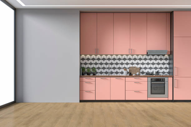 istock Modern wide salmon pink kitchen 1349479923