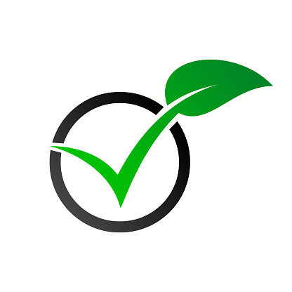 Check mark with green leaf. Checkbox with eco tick. Vector illustration. ECO checkmark icons.