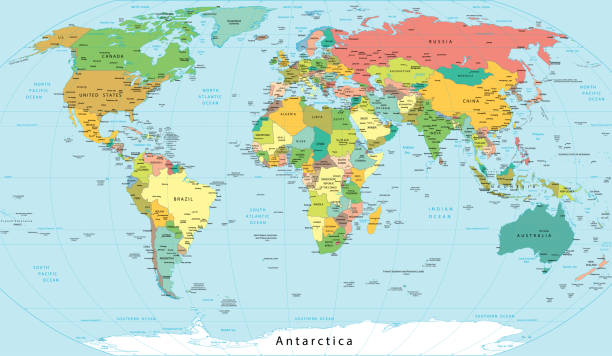 detaillierte politische weltkarte mit namen von städten, flüssen, seen, inseln etc. - world map map vector countries stock-grafiken, -clipart, -cartoons und -symbole