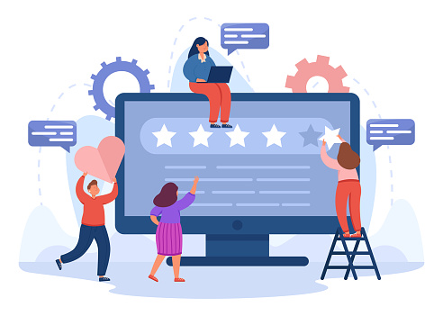 Team of analysts working on brand reputation in social media. Tiny male and female managers holding ranking star and heart flat vector illustration. Insight in analytics, seo management concept