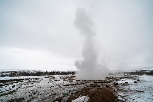 Strokkur (Icelandic, churn), one of the most famous geysers located in a geothermal area beside the Hvita River in the southwest part of Iceland, erupting once every 6–10 minutes