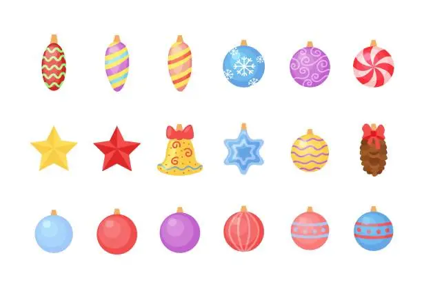Vector illustration of Decorations for Christmas tree. Vector set. Balls, cones, stars decorations isolated design collection