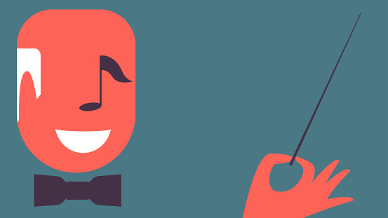 Concept vector illustration of smiling orchestra conductor with music note as part of his face. Clipping mask used