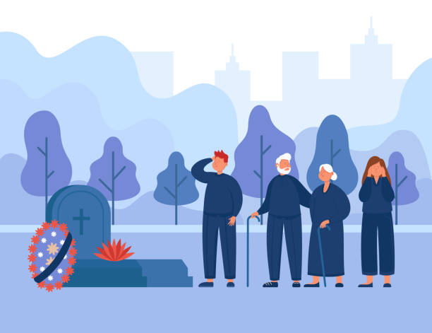 Upset family standing at the tombstone in the graveyard Upset family standing at the tombstone in the graveyard. Cartoon people in black mourning clothes at headstone flat vector illustration. Funeral, death concept for banner or landing web page mourning illustrations stock illustrations