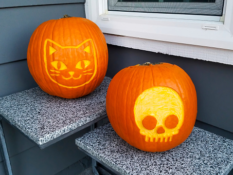 Photo of two pumpkins with a cat face and skull carved into them.