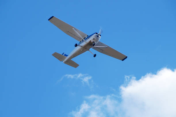 istock small single-engine airplane against the background of a clear sky and white clouds, bottom view close-up 1349486031