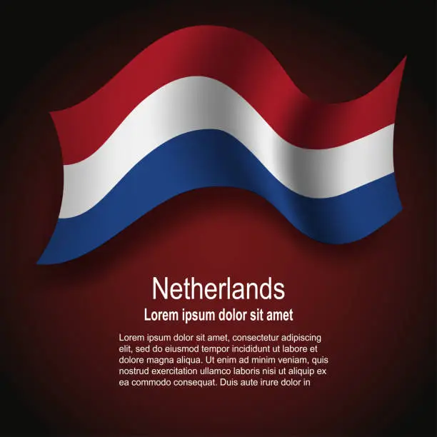 Vector illustration of Flag of Netherlands flying on dark background with text