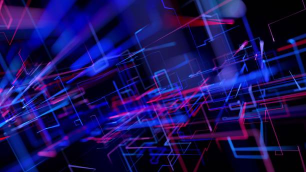istock 3d rendering sci-fi bg like abstract hologram. Multicolor neon glow lines form digital 3d space. Connection concept, visualization of multiple calculations of various branches neural network or AI 1349488157