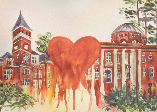 illustrations, cliparts, dessins animés et icônes de université clemson + cœur goutte à goutte orange + espace vide pour le texte. illustration à l’aquarelle dans un style rétro - clemson