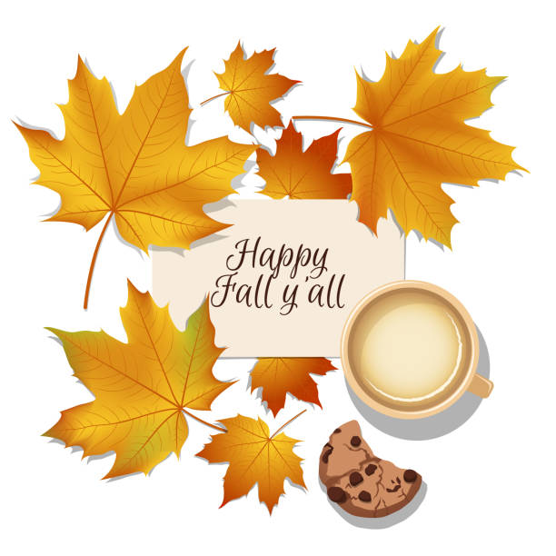 Happy fall greeting card or invitation with yellow maple leaves and a cup of milk coffee isolated on white. Top view perspective. Autumn theme vector art illustration