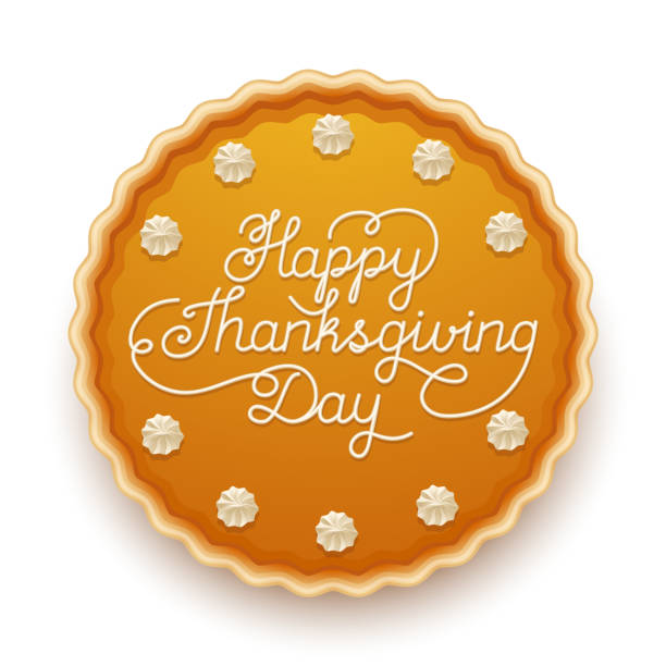 Happy Thanksgiving Day traditional pumpkin pie with whipped cream on the top. Top view vector illustration, isolated on white. vector art illustration