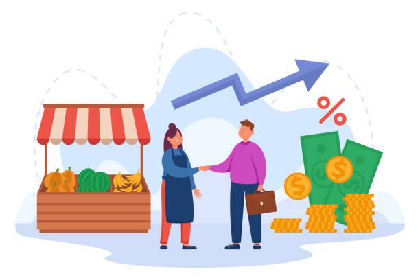 Small business owner shaking hands with money lender Small business owner shaking hands with money lender. Female entrepreneur getting loan without collateral bank employee flat vector illustration. Banking, support, investment concept for banner small business owner stock illustrations
