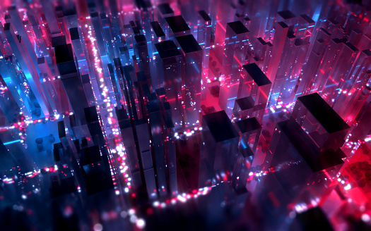 Cyberpunk metropolis at night, scene resembling a science fiction movie, with rain, neon lights and city streets illuminated by car traffic. Tall skyscrapers reflecting blue and red lights. Architecture inspired by Tokyo and New York. Aerial view, digitally generated image.