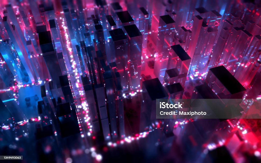 Cyberpunk metropolis at night, with rain and neon lights Cyberpunk metropolis at night, scene resembling a science fiction movie, with rain, neon lights and city streets illuminated by car traffic. Tall skyscrapers reflecting blue and red lights. Architecture inspired by Tokyo and New York. Aerial view, digitally generated image. Neon Colored Stock Photo