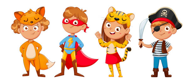 Children in carnival costumes for Christmas Children in carnival costumes for Christmas and other holidays. Cute kids cartoon characters. Girl foxy, boy superhero, girl tiger, boy pirate. Stock vector illustration kid animal costume stock illustrations