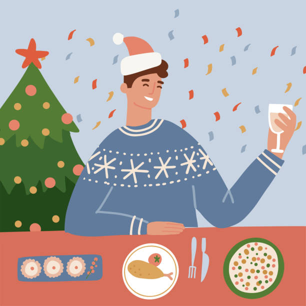ilustrações de stock, clip art, desenhos animados e ícones de young man in santa hant giving toast over christmas dinner, holding glasses of wine. interior with festive decorated xmas tree. cute male character at home party. vector flat illustration. - dinner friends christmas