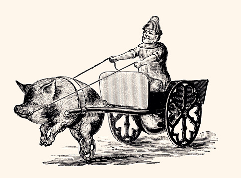 Antique Toy : Cart pulled by a Pig. Vintage engraving circa late 19th century. Digital restoration by Pictore.