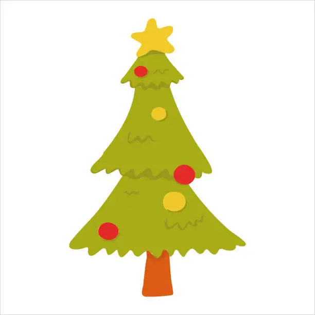 Vector illustration of Christmas tree with balls in vector format. Doodle style spruce.