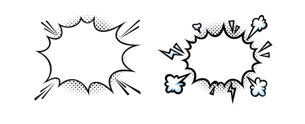 zertrümmernde sprechblasen mit puffend rauchend rauchend und blitzen. knall- und auslegerformen. vektor-illustration - breaking wind audio stock-grafiken, -clipart, -cartoons und -symbole
